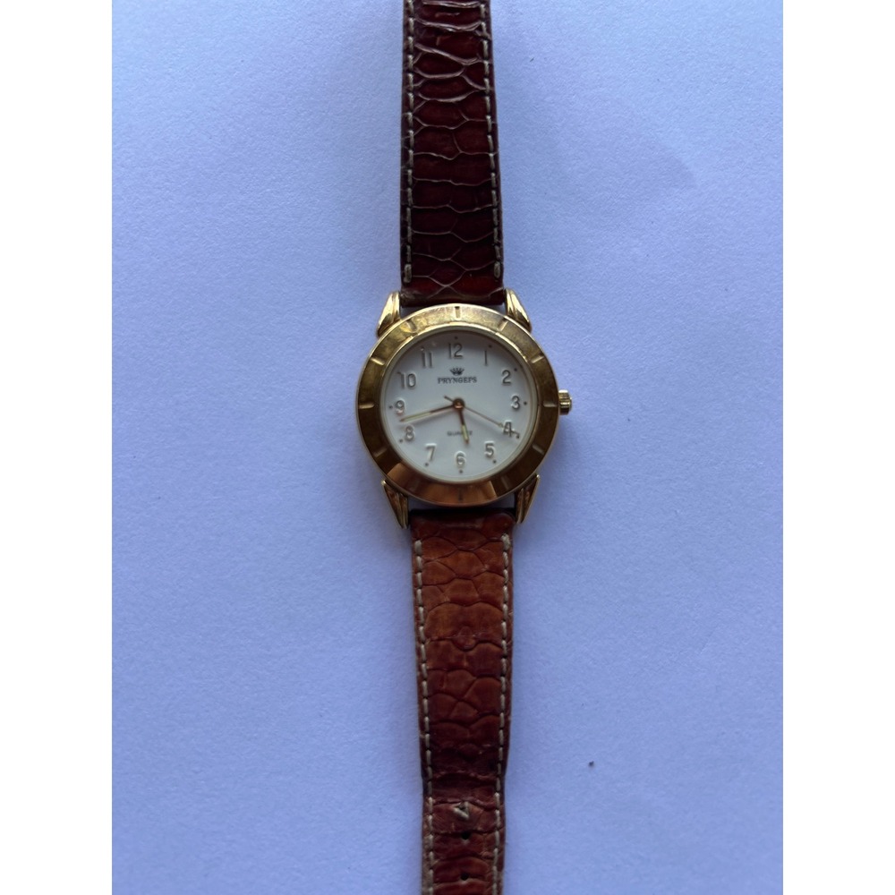 Vintage Pryngeps Mens Quartz Watch Gold Tone Case Brown Leather Strap White Dial